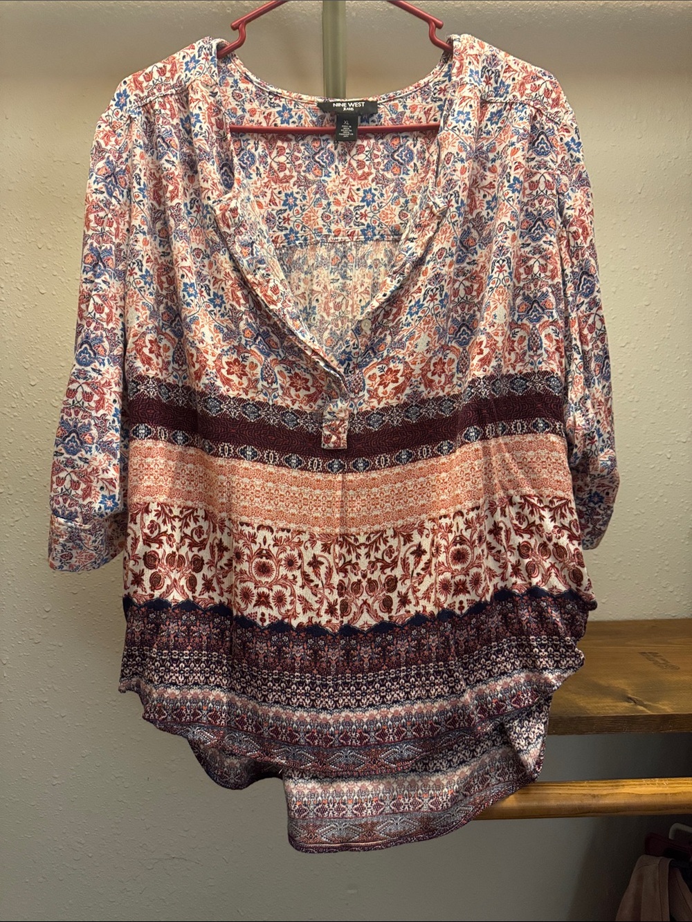 Nine West Mixed Floral & Geometric Peasant Tunic - Red, Blue, Cream